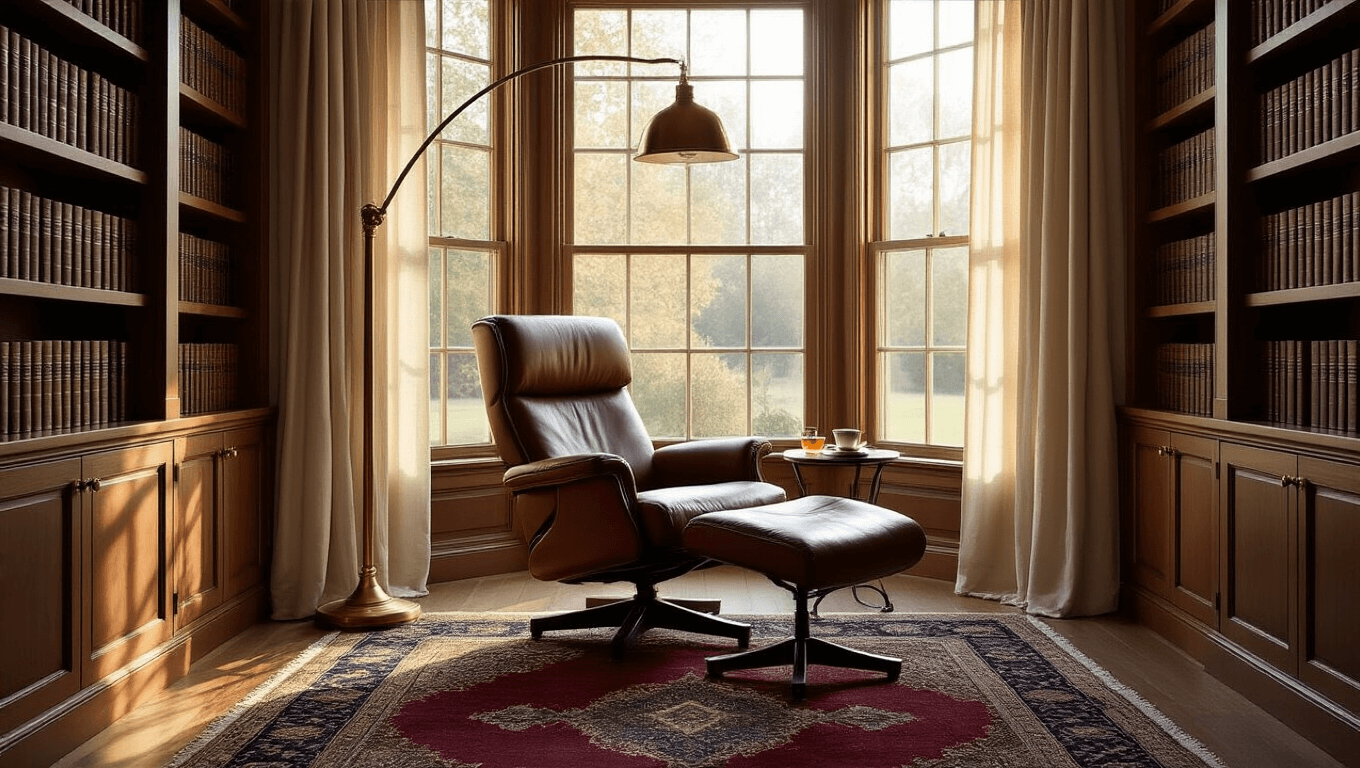 Photorealistic image of a luxury reading nook featuring a high-back cognac leather recliner in a bay window, with golden hour sunlight illuminating a Persian rug and antique brass floor lamp, surrounded by mahogany bookshelves filled with leather-bound books.