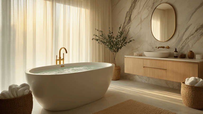Bathroom Decor Mastery: Transform Your Space into a Spa-Like Sanctuary Luxurious spa-like bathroom with freestanding tub, marble accent wall, brass fixtures, eucalyptus decor, and warm ambient lighting.
