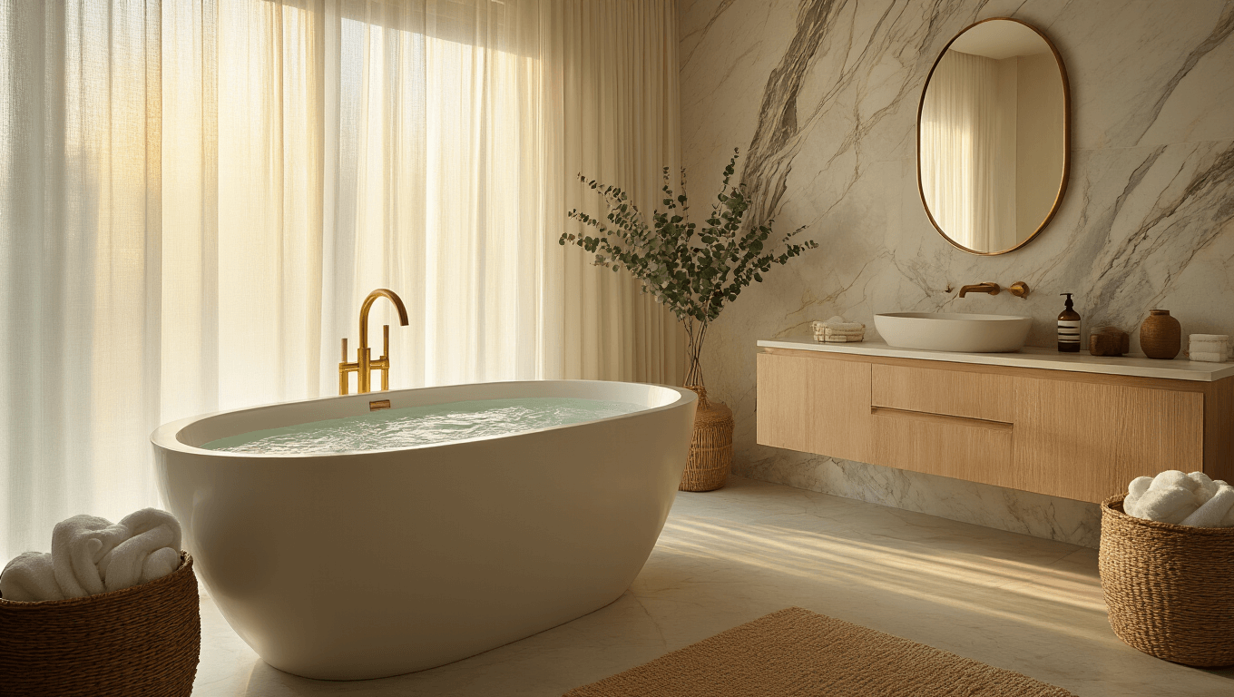 Luxurious spa-like bathroom with freestanding tub, marble accent wall, brass fixtures, eucalyptus decor, and warm ambient lighting.