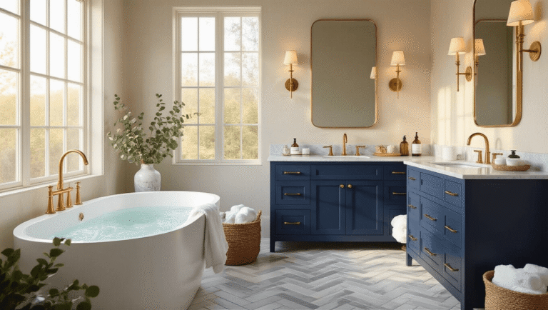 A luxurious spa-like bathroom featuring a freestanding oval soaking tub, a rich navy blue vanity with Carrara marble countertop, herringbone marble flooring, warm brass sconces, and decorative eucalyptus sprigs, captured in golden hour lighting.