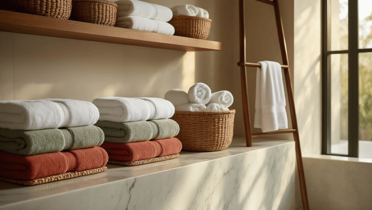Luxurious spa-inspired bathroom with artfully arranged Turkish cotton towels in cloud white, sage green, and terracotta tones, featuring marble herringbone flooring, a freestanding copper soaking tub, and warm golden hour light.