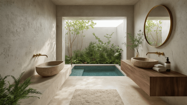 Luxurious spa bathroom featuring wabi-sabi minimalism with raw concrete walls, walnut vanity, travertine sink, greenery, and warm golden hour lighting.