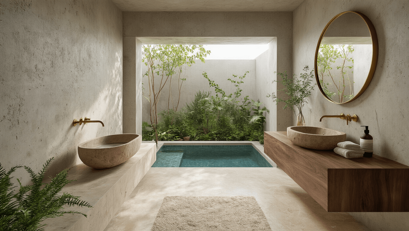 Luxurious spa bathroom featuring wabi-sabi minimalism with raw concrete walls, walnut vanity, travertine sink, greenery, and warm golden hour lighting.