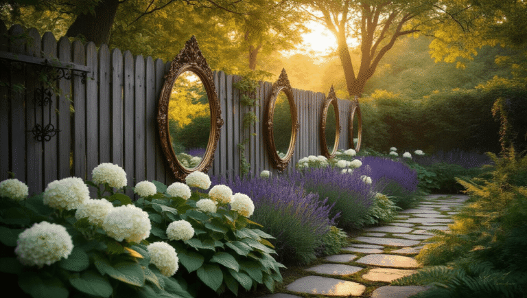 Cinematic golden hour garden scene with weatherproof acrylic mirrors reflecting white hydrangeas and purple lavender, framed by a rustic cedar fence and surrounded by lush greenery and dappled sunlight.