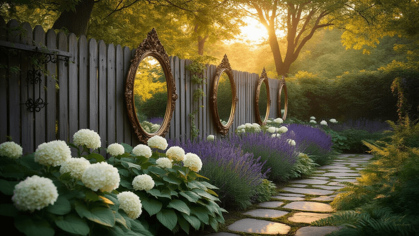 Cinematic golden hour garden scene with weatherproof acrylic mirrors reflecting white hydrangeas and purple lavender, framed by a rustic cedar fence and surrounded by lush greenery and dappled sunlight.