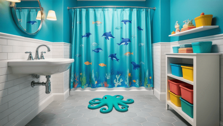A whimsical underwater-themed kids' bathroom with aqua blue gradient walls, white subway tile wainscoting, and playful dolphin shower curtain, featuring chrome fixtures, a coral-shaped faucet, colorful storage bins, a teal octopus bath mat, and warm sunlight streaming through a frosted window, emphasizing safety features and vibrant accessories.