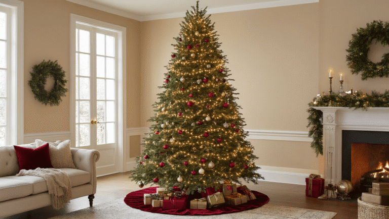 A grand living room featuring a majestic 8-foot Fraser fir Christmas tree decorated with warm white lights and traditional ornaments, set against a beige wall with a cozy stone fireplace and plush armchair.