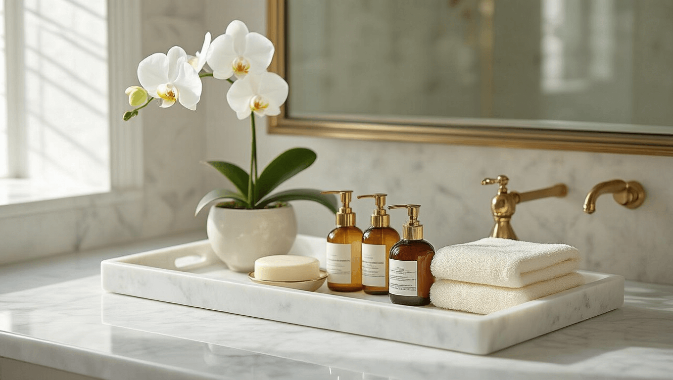 Elegant bathroom vanity with a Carrara marble tray, brass soap dispensers, luxury skincare bottles, a white orchid, and a folded linen towel, illuminated by soft natural light, showcasing a serene and sophisticated arrangement.