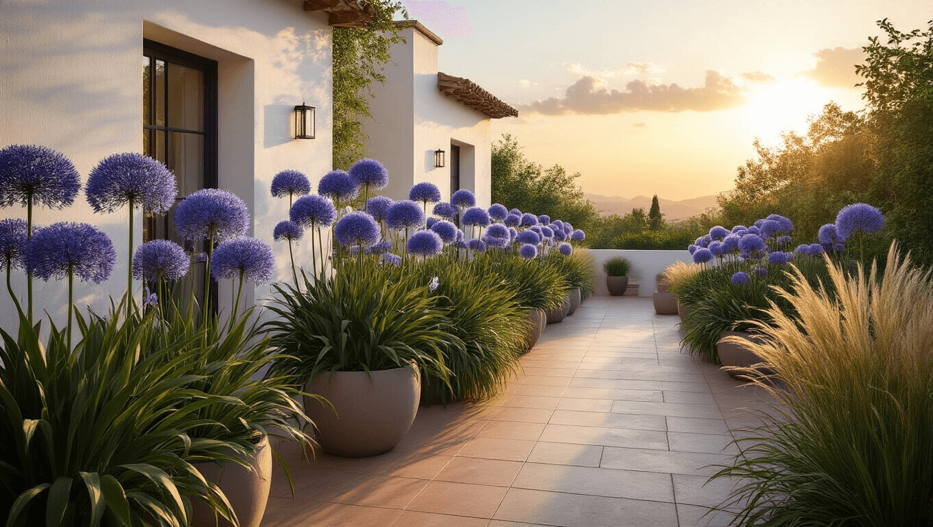 A luxurious Mediterranean garden terrace at golden hour, featuring blooming Agapanthus with purple-blue flowers against whitewashed walls, dramatic shadows on terracotta tiles, and ornamental grasses, all illuminated by warm evening light.