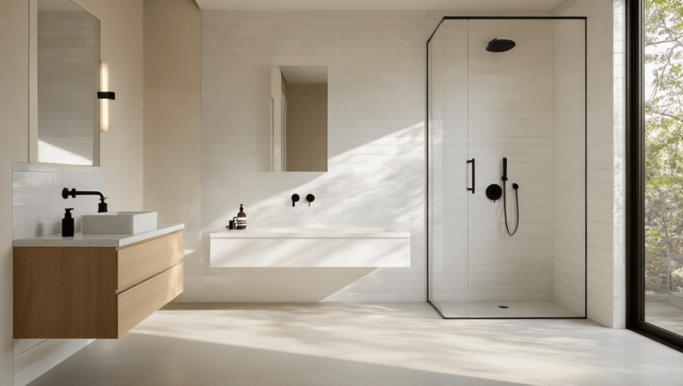 Cinematic view of a serene minimalist bathroom featuring white subway tiles, a floating oak vanity, frameless glass shower, honed marble countertops, matte black fixtures, and a large mirror, bathed in warm golden hour light.