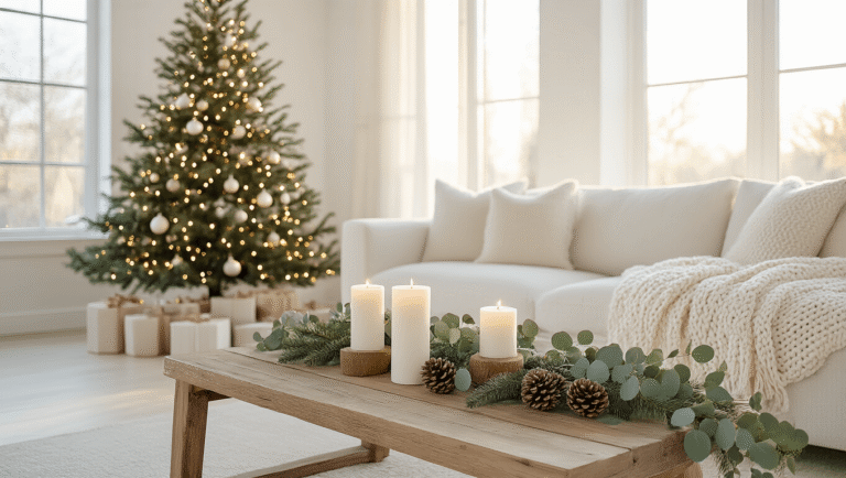 Cinematic wide-angle shot of a modern living room decorated for Christmas, featuring a slim tree with warm white lights, eucalyptus garland on a rustic coffee table, and a cream sectional sofa, all bathed in soft golden light.