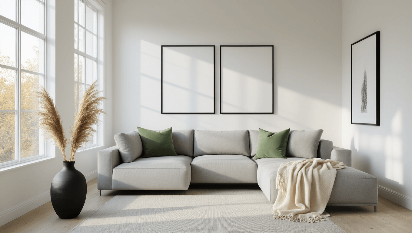 Minimalist living room with white walls, gray sectional sofa, sage green accents, large windows, and natural light, featuring a gallery wall, hardwood flooring, and serene atmosphere.