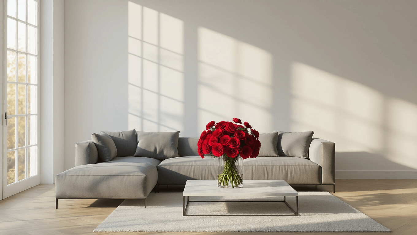 A serene minimalist living room bathed in golden hour light, featuring a gray L-shaped sofa, a white marble coffee table, and a striking arrangement of deep crimson roses and dahlias in a glass vase, with long shadows on blonde hardwood floors.