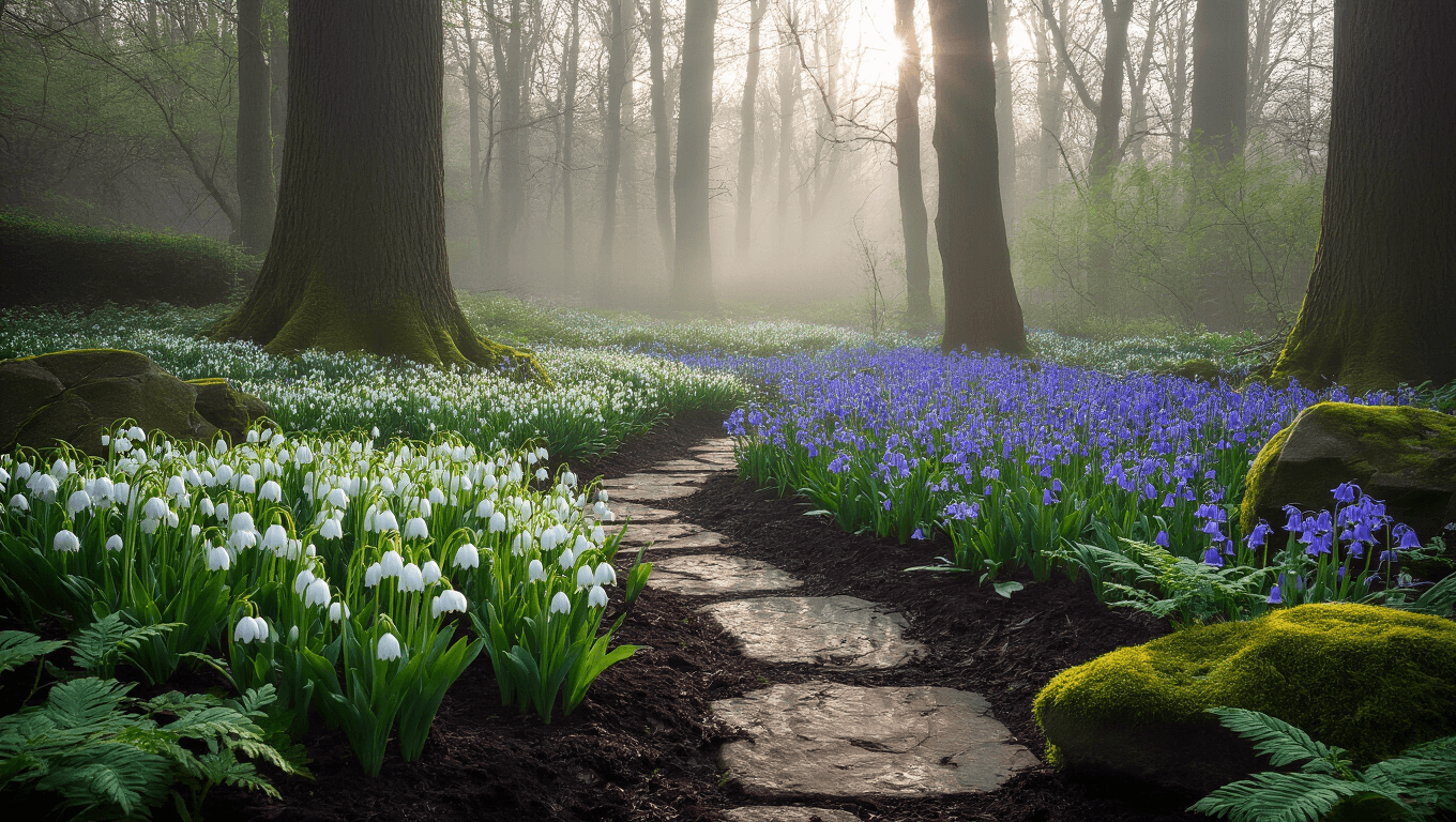 A dreamy woodland garden at dawn with white snowdrops, blue Spanish bluebells, and Lily of the Valley, surrounded by tall trees and dappled light, featuring a winding stone path and misty atmosphere.