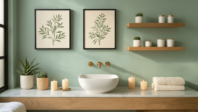 Cinematic interior of a luxurious modern bathroom featuring botanical prints on a mint green wall, floating wooden shelves with succulents and candles, and elegant fixtures, illuminated by warm golden hour light.