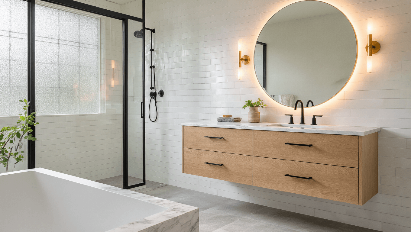 Luxurious modern bathroom with a floating double vanity, veined marble countertop, oversized round mirror, frosted windows, and warm accent lighting, featuring a soothing color palette and spa-like atmosphere.