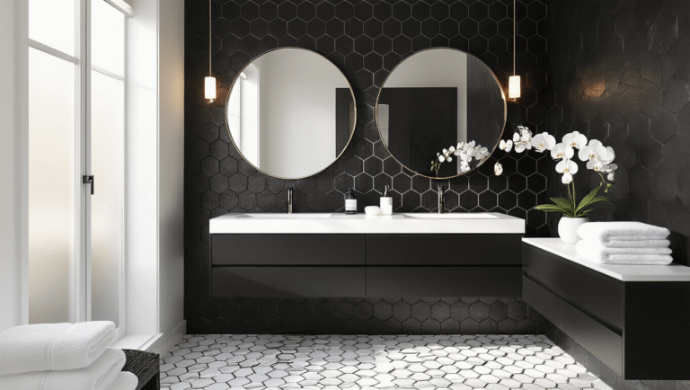 Modern black and white bathroom featuring hexagonal tiles, matte black double vanity, oversized circular mirror, chrome fixtures, and soft golden hour lighting.