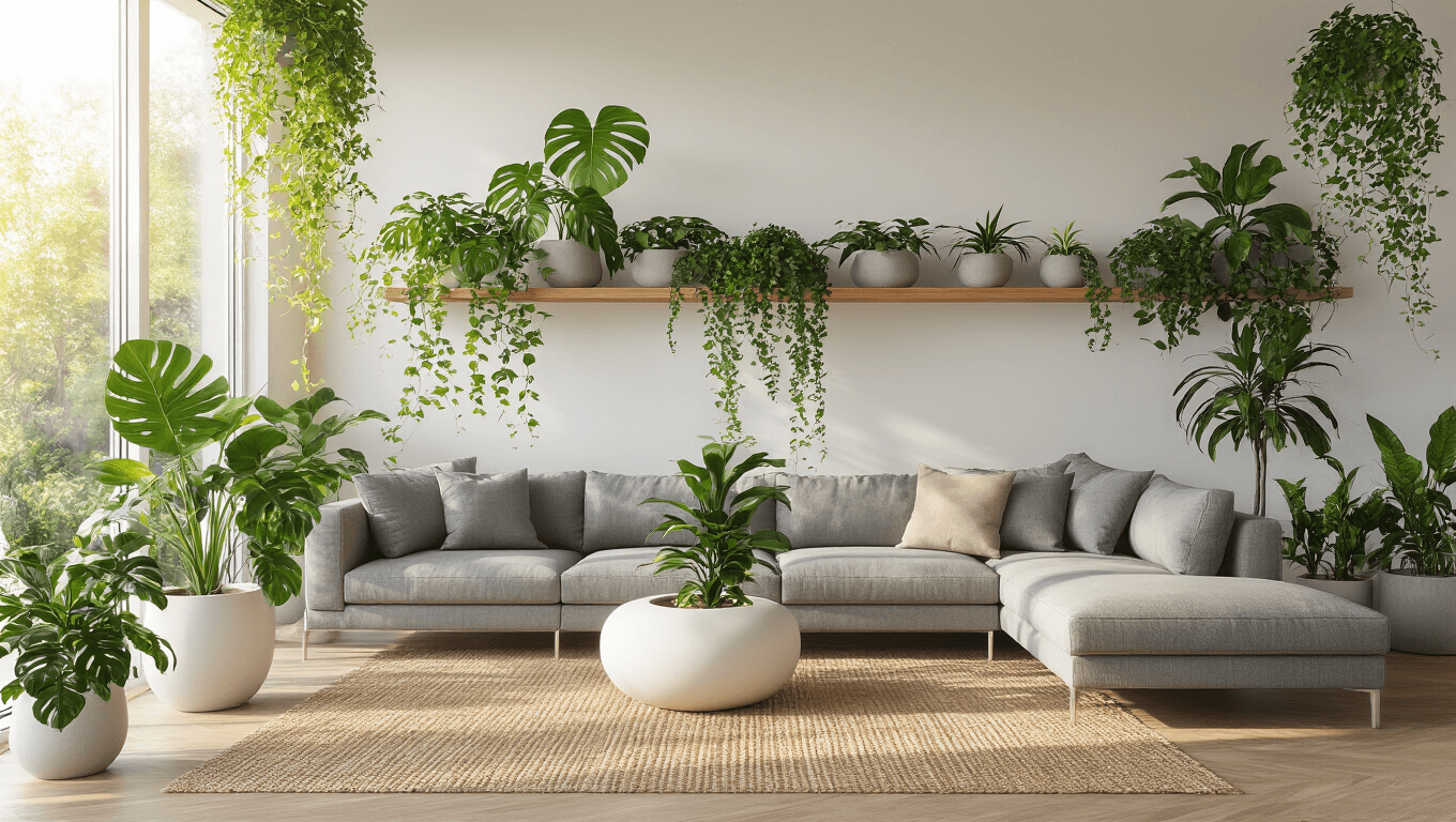 Photorealistic interior of a sun-drenched modern living room showcasing a large Monstera Deliciosa, cascading Pothos plants, and minimalist concrete planters, with natural light streaming through floor-to-ceiling windows and a plush gray sectional sofa, styled in a contemporary minimalist aesthetic.