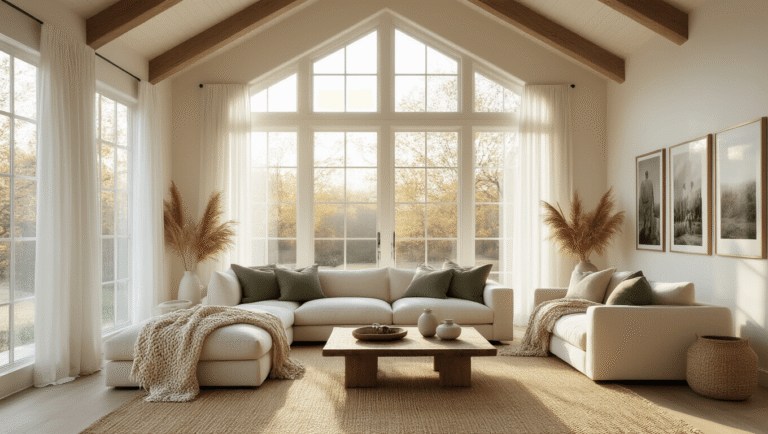 A sun-drenched minimalist living room featuring a plush oatmeal-colored sofa, vaulted ceiling with exposed beams, and a reclaimed wood coffee table, illuminated by golden hour light streaming through bay windows. The space includes a natural jute rug, sage green accent pillows, and a gallery wall of black and white photography, creating an ethereal atmosphere with dust particles in the sunlight.