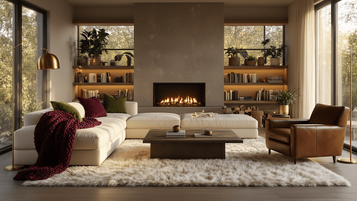 Cinematic wide shot of a luxurious modern living room with warm sunlight, featuring a cream sectional sofa, vintage leather armchair, electric fireplace, and textured decor, creating a cozy and sophisticated atmosphere.