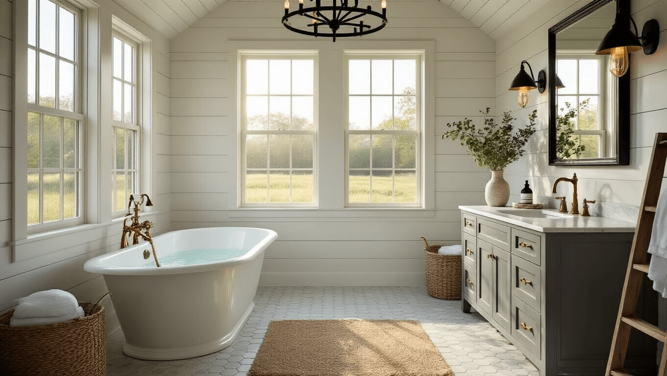 Photorealistic image of a sunlit modern farmhouse bathroom with a vintage clawfoot tub, shiplap walls, and a custom gray double vanity, featuring brass fixtures, hexagonal marble floors, and sage green accents, captured during golden hour with soft lighting and depth of field effects.