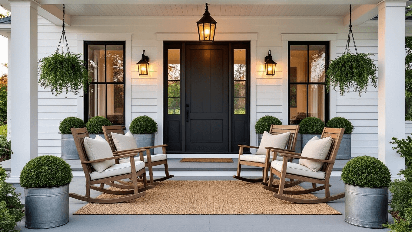 Cinematic wide-angle shot of a modern farmhouse front porch at golden hour, featuring white siding, black trim, weathered rocking chairs, a charcoal gray door, and warm lighting from sconces, accented by potted topiaries, seasonal mums, and string lights, evoking inviting warmth and farmhouse charm.