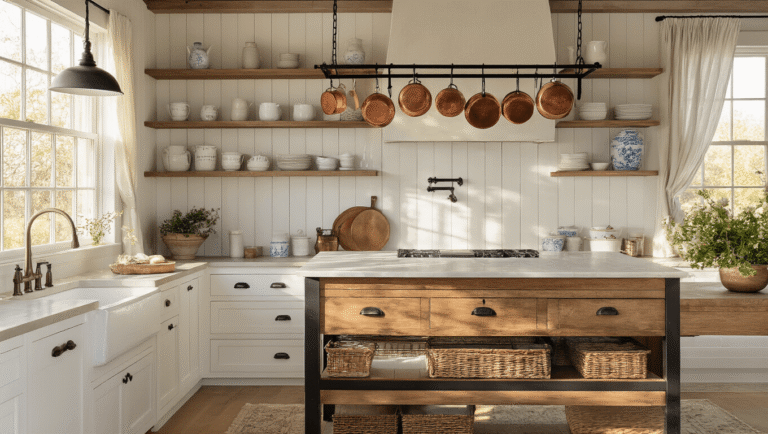 A warm, sunlit farmhouse kitchen with creamy white shaker cabinets, a weathered oak island with marble top, vintage copper pots, open shelving with ceramics, a farmhouse sink, fresh herbs, and a professional-grade range, all beautifully illuminated by Edison bulb pendants and natural light.