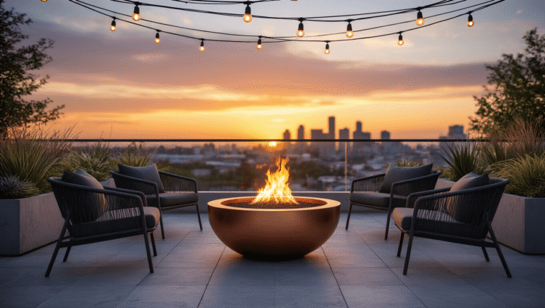 Small Fire Pit Ideas for Compact Spaces: Transform Your Tiny Outdoor Area A modern urban terrace at sunset featuring a copper fire bowl surrounded by minimalist chairs, string lights overhead, and a blurred city skyline in the background.