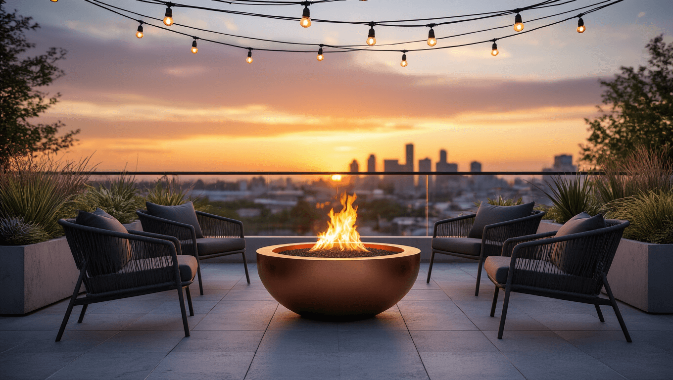 A modern urban terrace at sunset featuring a copper fire bowl surrounded by minimalist chairs, string lights overhead, and a blurred city skyline in the background.
