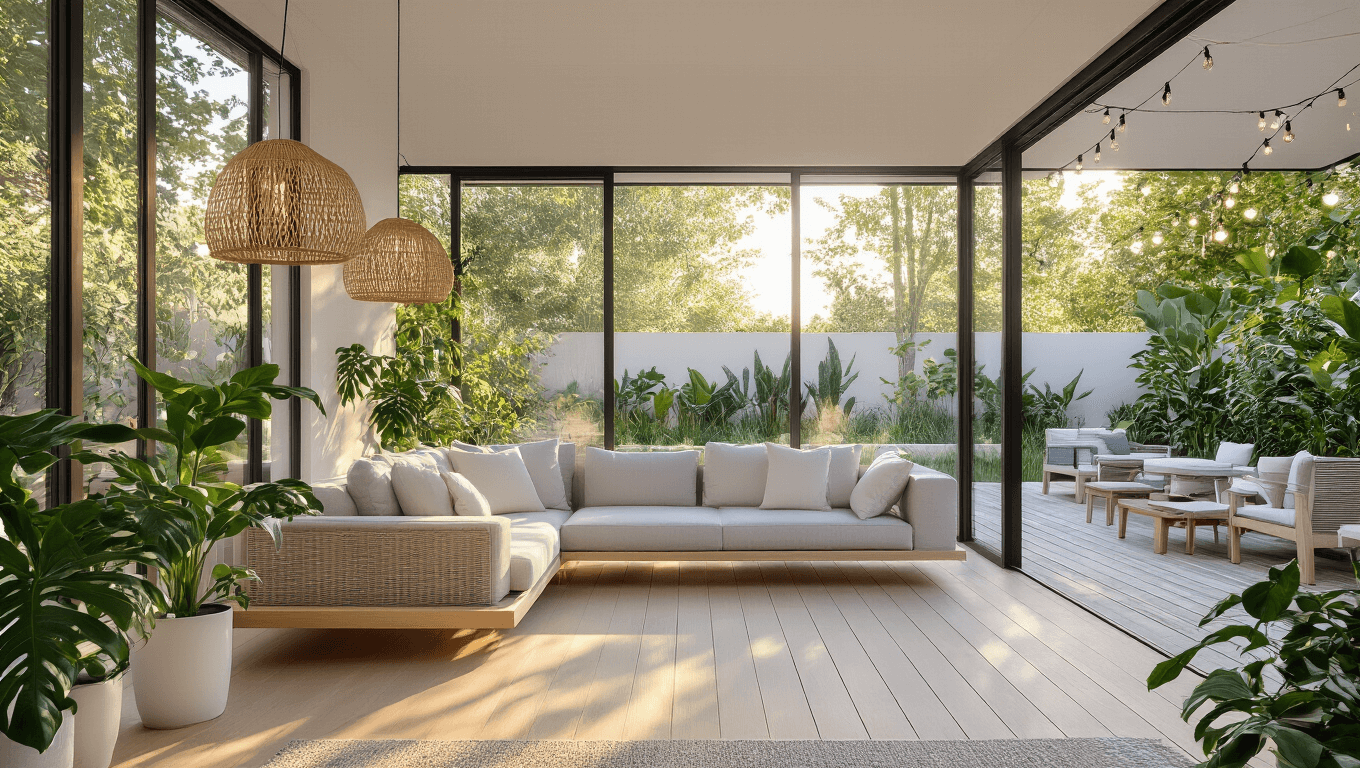 A luxurious modern garden summer house featuring floor-to-ceiling windows, a minimalist Scandinavian interior with light oak flooring, a gray linen sofa, and an outdoor deck adorned with teak furniture and string lights, all bathed in golden hour lighting.
