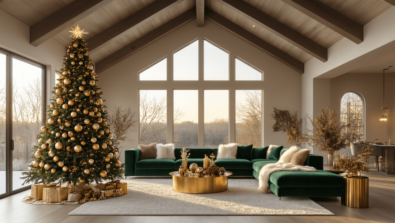 A luxurious modern living room with vaulted ceilings, featuring a pre-lit Christmas tree, emerald velvet sectional sofa, and warm ambient lighting, captured during golden hour with soft bokeh in high resolution.