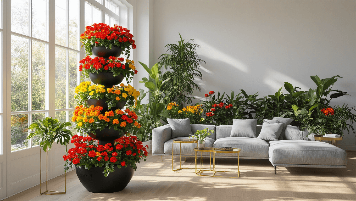 A modern living room with floor-to-ceiling windows showcases a black multi-tiered plant stand filled with vibrant flowering Kalanchoe plants. The room features a grey sectional sofa, brass geometric accent tables, and light oak hardwood floors, all bathed in warm golden hour sunlight.