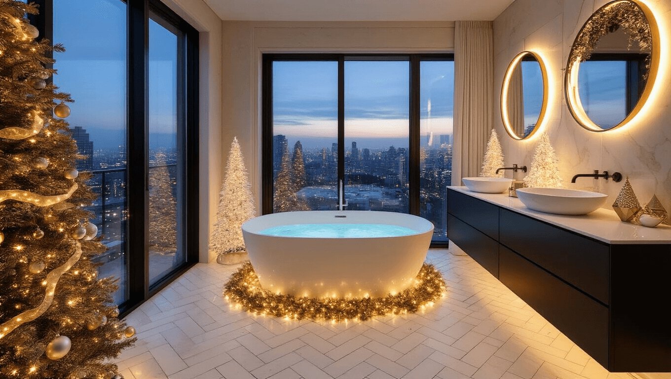 A luxurious modern master bathroom at dusk with floor-to-ceiling windows, featuring a freestanding oval tub adorned with gold garland and twinkle lights, a matte black floating vanity with elegant decor, and warm ambient lighting.