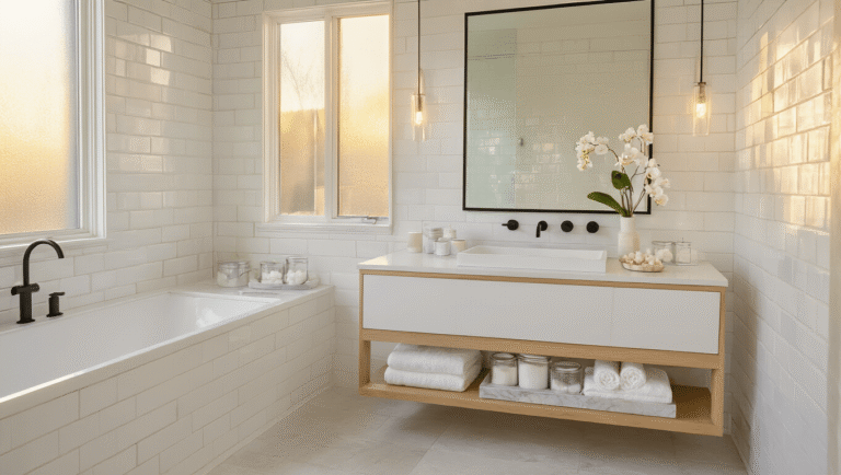 A serene modern bathroom featuring white subway tiles, a floating oak vanity with black hardware, a large mirror, plush towels, and natural textures, all illuminated by soft golden hour light.