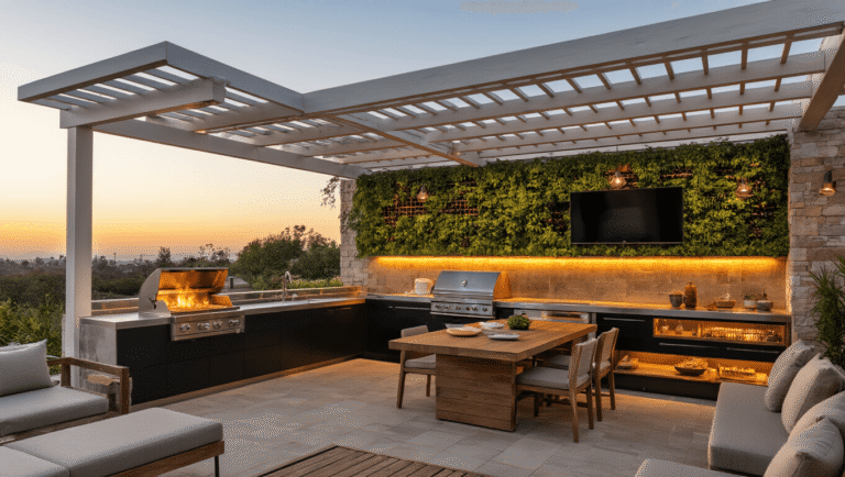 A luxurious outdoor kitchen with floating stainless steel countertops, matte black cabinetry, and brushed copper accents, illuminated by ambient LED lighting at sunset. Featuring a professional-grade grill station, a reclaimed teak dining table for eight, and a living wall of herbs behind a weatherproof TV. Stone accent wall with integrated wine storage and multiple lounge zones with neutral fabrics. Shot emphasizes textures and warm lighting with a shallow depth of field.