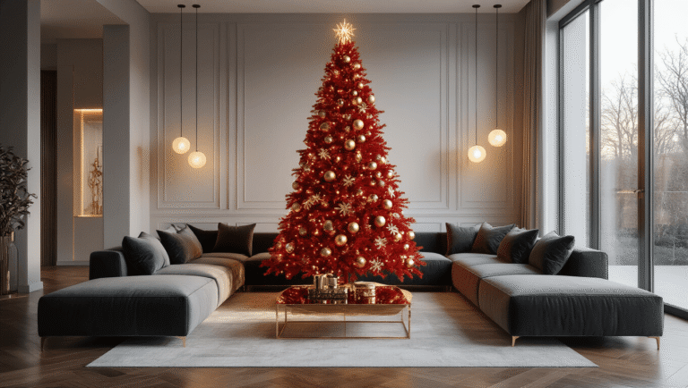 Cinematic wide shot of a luxurious contemporary living room featuring a 7-foot metallic red Christmas tree decorated with oversized gold and crystal baubles, warm white LED lights, and a plush charcoal velvet sofa, illuminated by golden hour lighting.