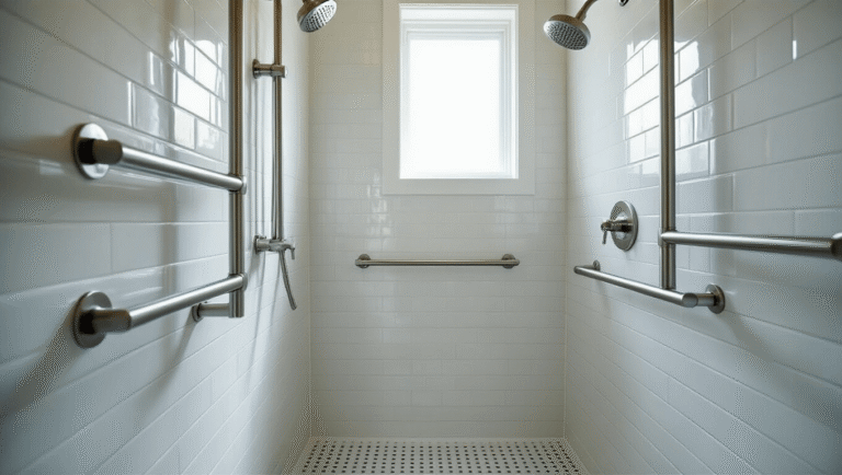 Professional bathroom image featuring a modern walk-in shower with polished stainless steel grab bars on white subway tiles, warm natural light, and steam rising, highlighting safety and luxury.