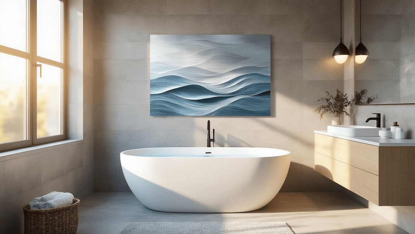 A luxurious modern spa-inspired bathroom featuring a white freestanding tub, pale oak vanity, and abstract metal wall art, illuminated by golden morning sunlight and warm gray porcelain tiles.