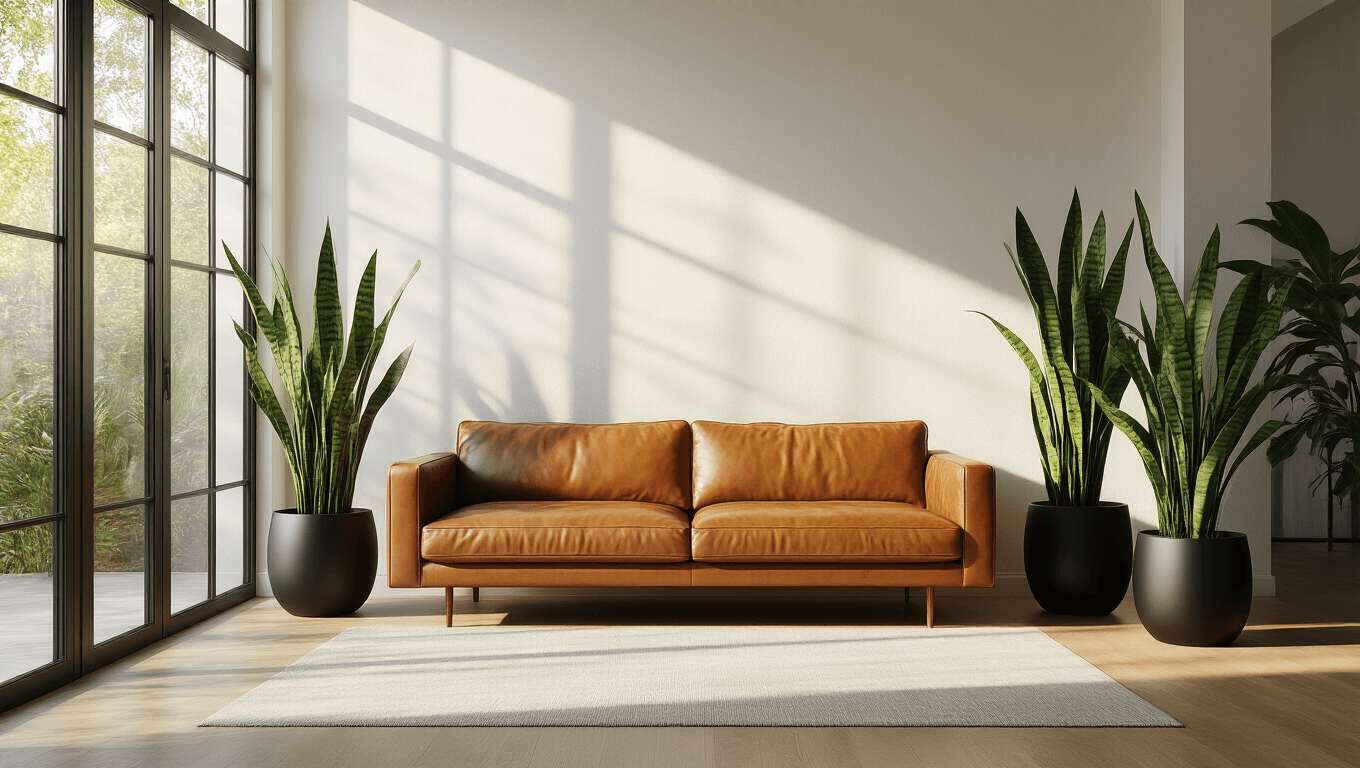 Photorealistic interior of a modern living room featuring a mid-century cognac leather sofa, floor-to-ceiling windows, and dramatic snake plants in matte black pots, illuminated by warm golden hour lighting; elegant minimalist design with soft depth of field, hardwood flooring, and clean lines.
