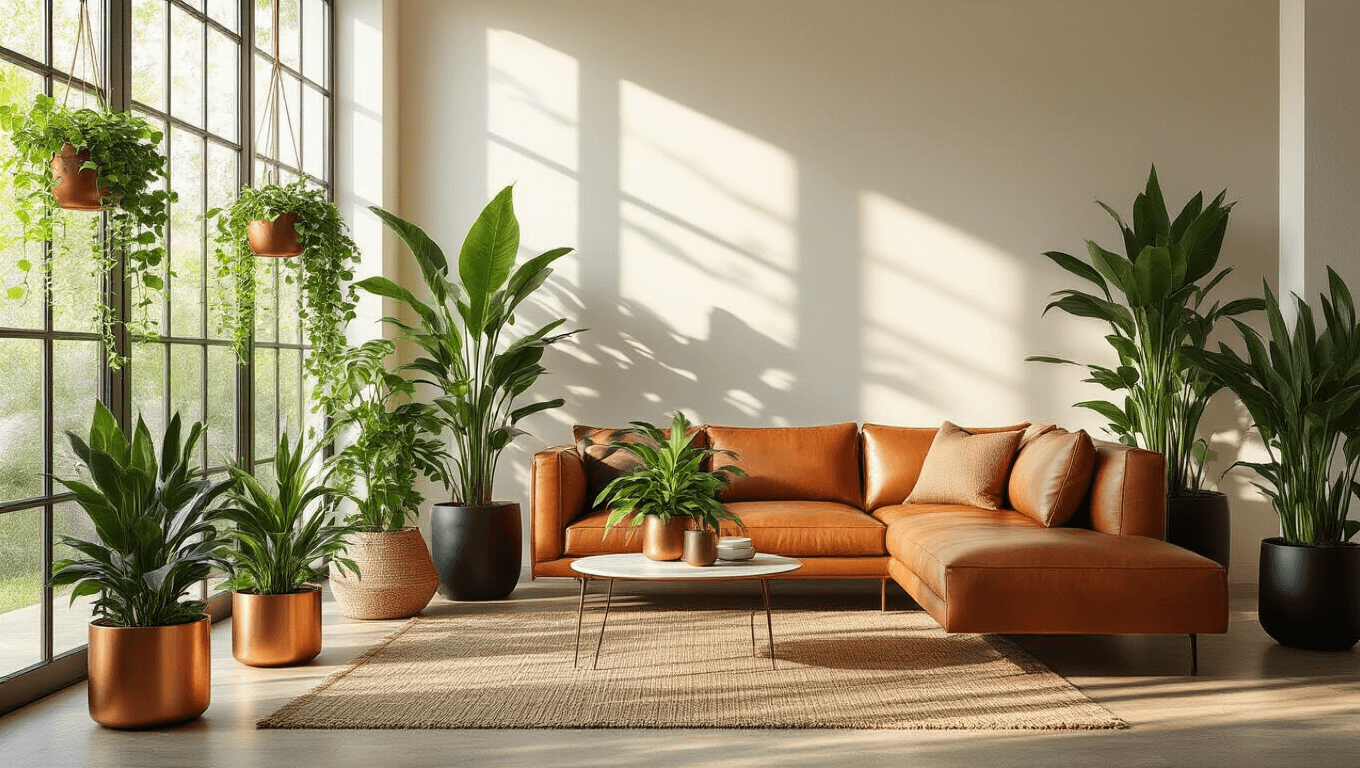 Bright modern living room filled with indoor plants, featuring large windows, a leather sofa, and natural textures, captured in golden hour light with cinematic focus.