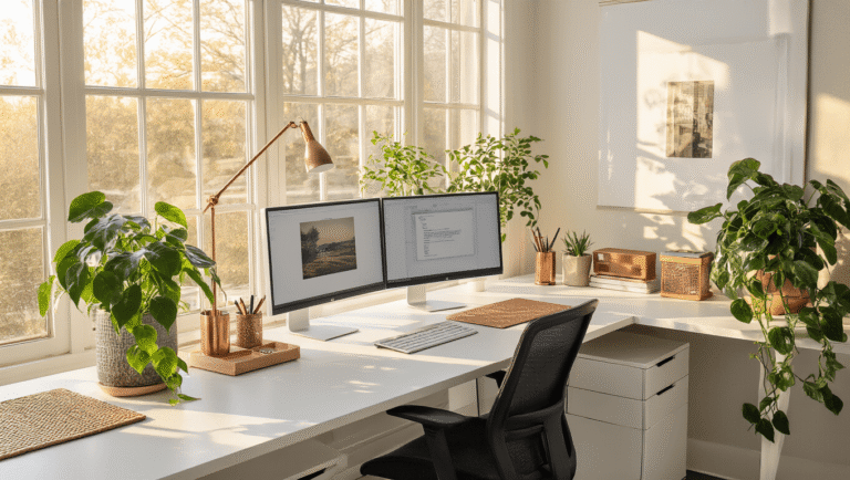 Cinematic photograph of a modern workspace with an L-shaped white standing desk, dual monitors, warm wood organizers, a thriving pothos plant, and layered lighting, showcasing an organized and inviting atmosphere in golden hour light.