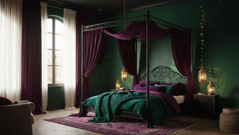 A luxurious dark bohemian bedroom featuring deep emerald green walls and an inky black ceiling, illuminated by golden hour light. A black iron canopy bed draped with dark purple velvet curtains is layered with jewel-toned bedding. Vintage brass lanterns and fairy lights create an ambient glow, while rich textures from velvet, macramé, and a Persian rug enhance the moody aesthetic. Lush plants and a gold-rimmed mirror complete the scene.