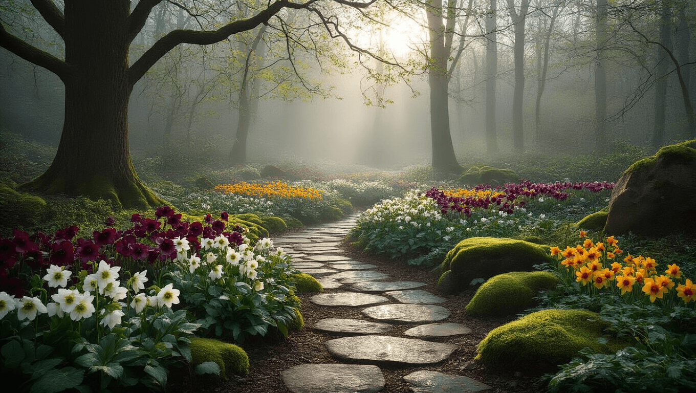 Photorealistic wide-angle shot of a mystical woodland shade garden at dawn, showcasing blooming hellebores and primroses along a meandering stone path, with morning mist, dappled light through maple trees, and copper lanterns among lush ferns.