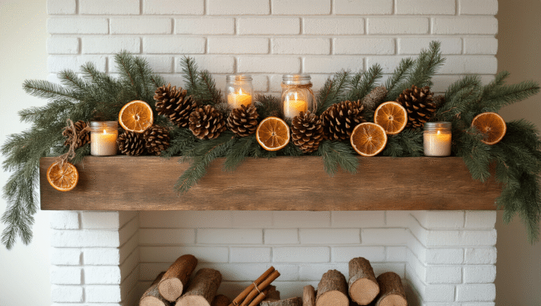 Elegant living room mantel adorned with natural Christmas decor, featuring pine branches, pinecones, dried orange slices, cinnamon sticks, and warm candlelight, captured in golden hour lighting.