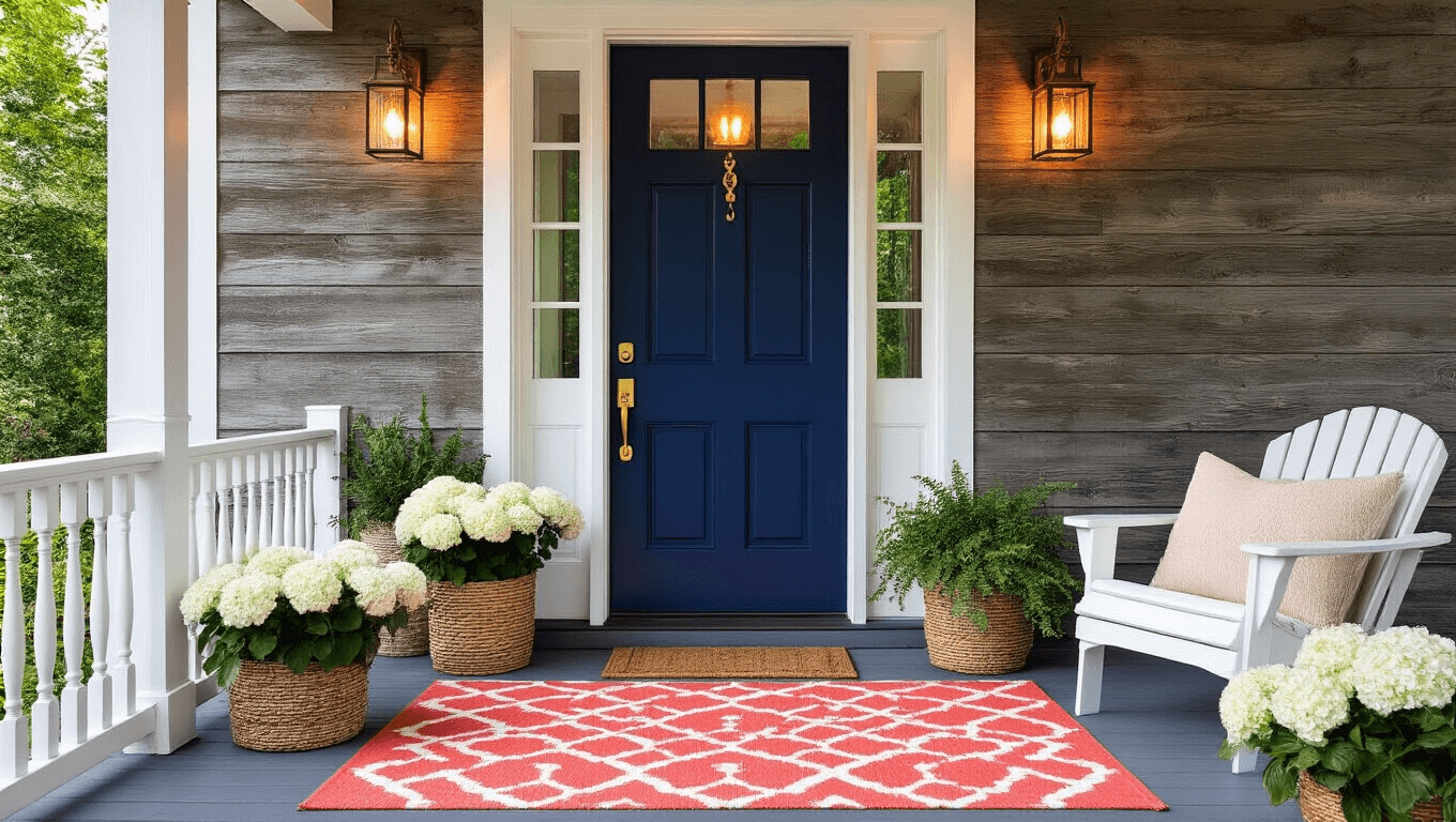 Cinematic wide-angle shot of a charming small front porch featuring a navy blue door, brass hardware, weathered wood, white trim, cozy seating, and ambient golden hour lighting, creating an inviting atmosphere.