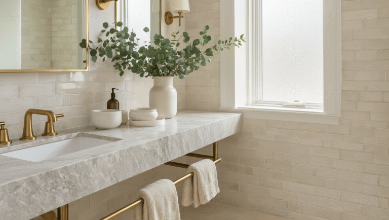 Cinematic wide-angle view of a serene neutral bathroom featuring a sleek stone vanity with brass fixtures, fresh eucalyptus stems, and a freestanding matte white bathtub, all bathed in soft morning light.