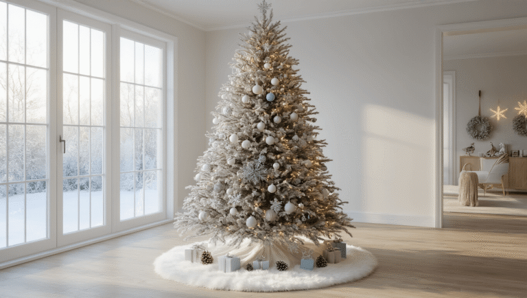 A serene Scandinavian living room with a 7-foot flocked Christmas tree adorned in minimalist white, silver, and pale blue decorations, set against snow-dusted windows and light wooden floors, illuminated by warm LED lights.