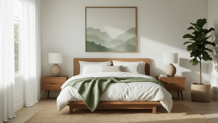 Photorealistic modern bedroom interior with a low-profile oak platform bed, light morning filtering through sheer white curtains, oatmeal linen and sage green accents, minimalist walnut nightstands, and a fiddle leaf fig plant in the corner.