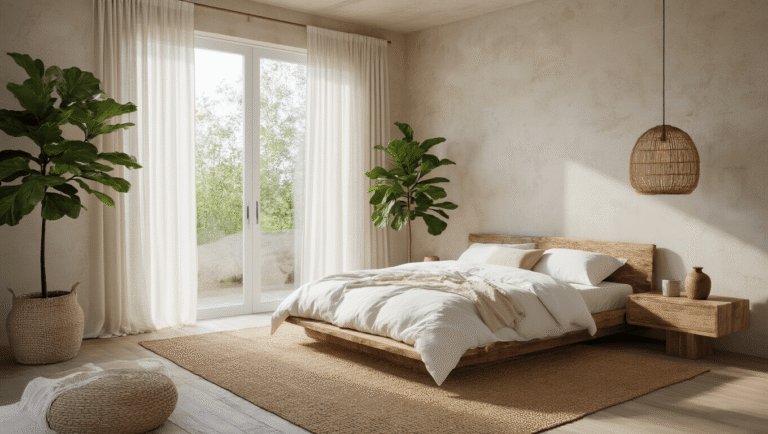 A serene organic modern bedroom featuring a low-profile platform bed with reclaimed wood frame, soft linen bedding, curved oak nightstands, and a rattan pendant light, illuminated by morning sunlight and decorated with a fiddle leaf fig tree and minimalist decor.