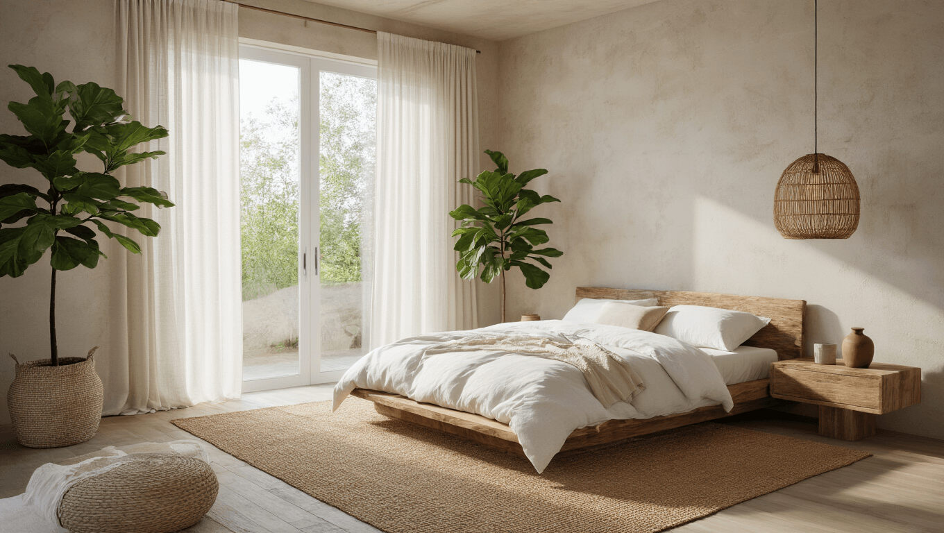 A serene organic modern bedroom featuring a low-profile platform bed with reclaimed wood frame, soft linen bedding, curved oak nightstands, and a rattan pendant light, illuminated by morning sunlight and decorated with a fiddle leaf fig tree and minimalist decor.